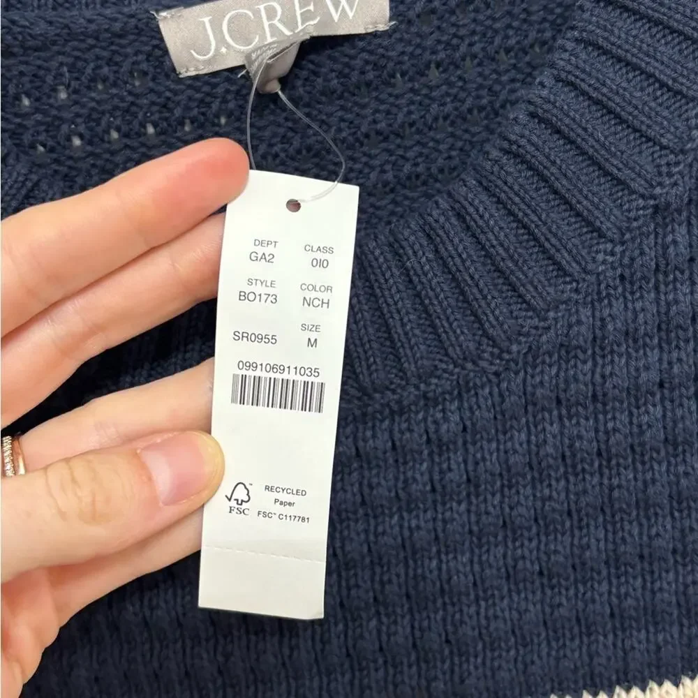 NWT J. Crew Textured Crewneck Pullover Sweater in Navy and Ivory Stripe - M - Picture 5 of 8